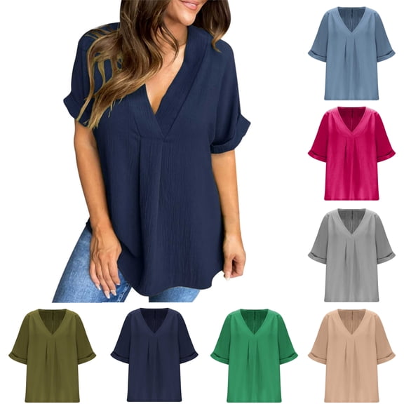 ATENAR T Shirts for Women Short Sleeve Casual Shirts for Women V Neck Tee Navy XL