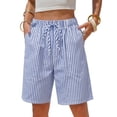 thumbnail image 3 of Womens Striped Bermuda Shorts Casual Cotton Linen Shorts Elastic Drawstring Summer Beach Vacation Shorts with Pockets, 2XL, 3 of 8