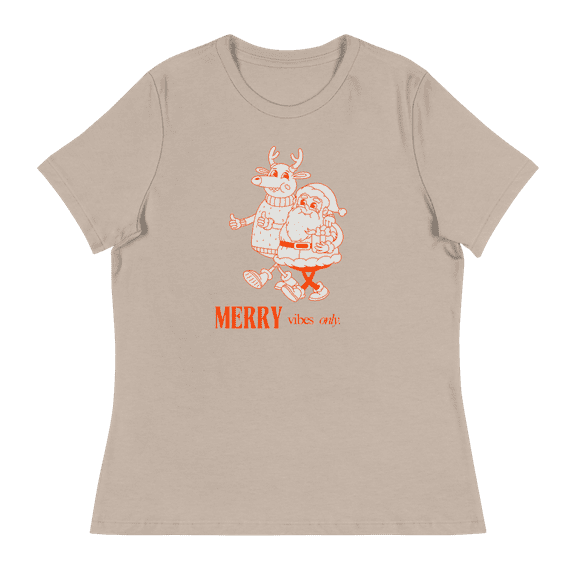 Women's Relaxed Merry Vibes Only Holiday  T-Shirt (Heather Stone, S)