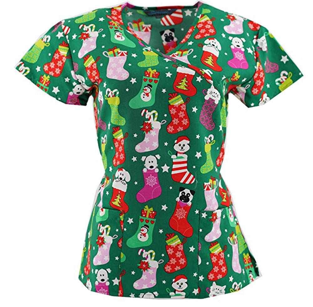 DSF Uniforms - V-Neck Christmas Holiday Themed Print Scrub Top ...