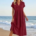 thumbnail image 2 of justHIGH Robe Midi en Coton et Lin pour Femme 2026 Été à Manches Courtes Décontractée Robes Plissées Ligne A Robe de Plage avec Poches Bordeaux,S, 2 of 7