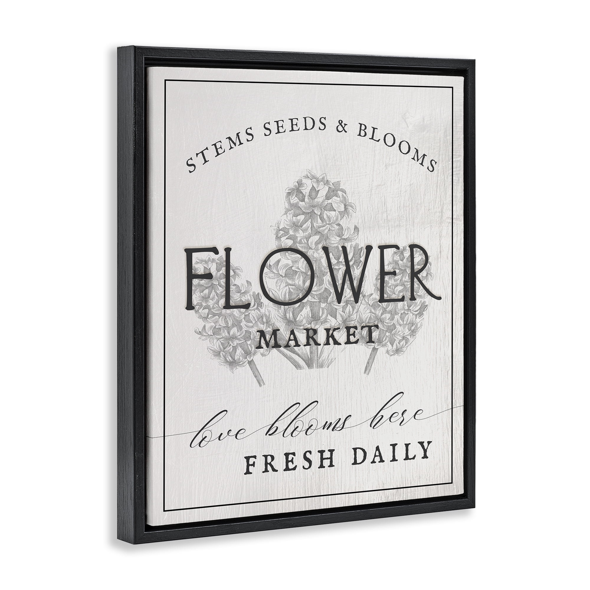 Stupell Industries Flower Blooms Market Typography Painting Black Floater Framed Canvas Art Print Wall Art, 17 x 21