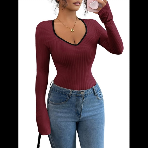 Camisetas Ajustadas con Cuello en Forma de Corazón para Mujer, Tops de Punto Acanalado con Mangas Largas Acampanadas Vino Tinto L