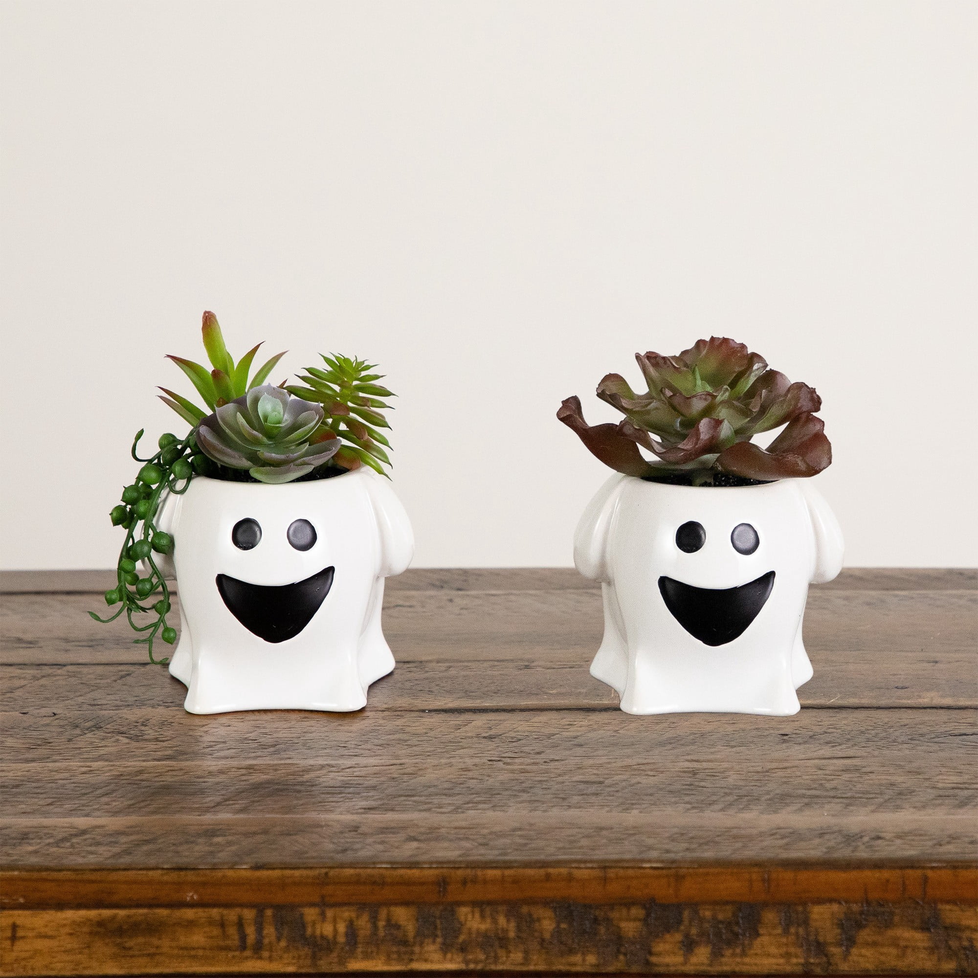 5in. Artificial Halloween Succulent Garden in Happy Ghost Planter -Set of 2