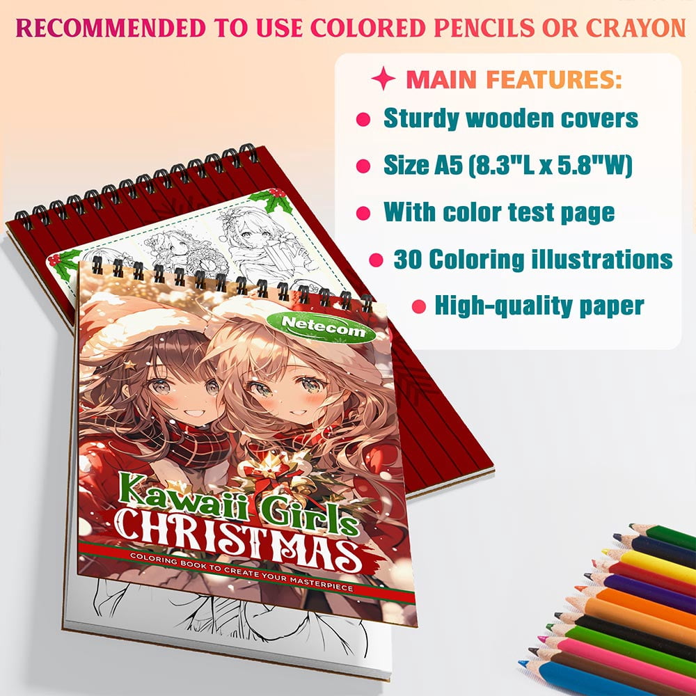 Netecom Kawaii Girls Christmas Coloring Book Spiral Bound for Adults, A5 Wooden Cover, 30 Whimsical Coloring Pages of Anime Girls Enjoying the Christmas Holiday for Stress Relief and Relaxation