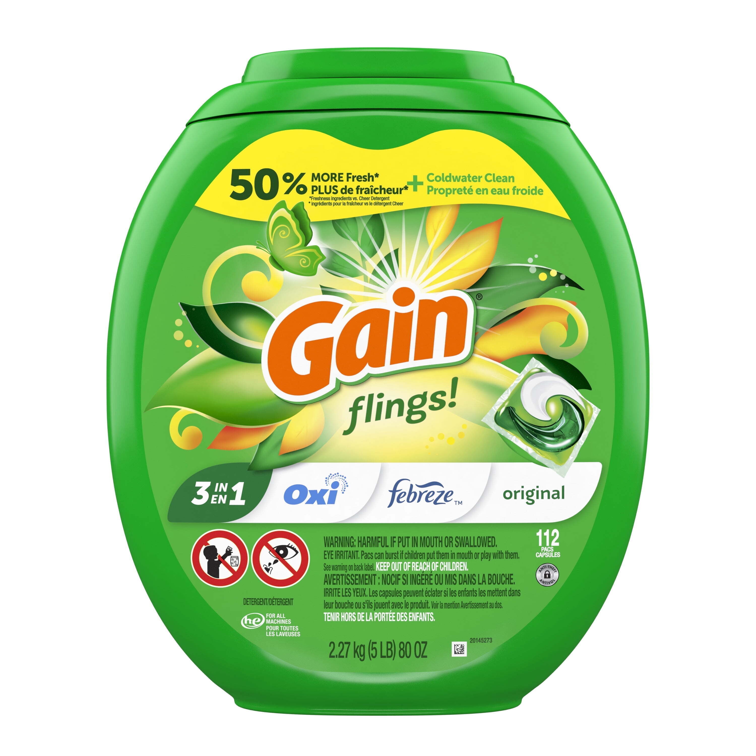 Gain Flings 3-in-1 Oxi Boost and Febreze Laundry Detergent Pacs, Original Scent, 112 Count