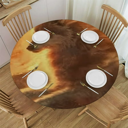 

Round Fitted Tablecloth with Elastic Edge Flame Wolf Ethnic Round Table Cover Waterproof Oil Proof Wipeable Table Cloth Cover Decor for Indoor Outdoor Patio Picnic Parties