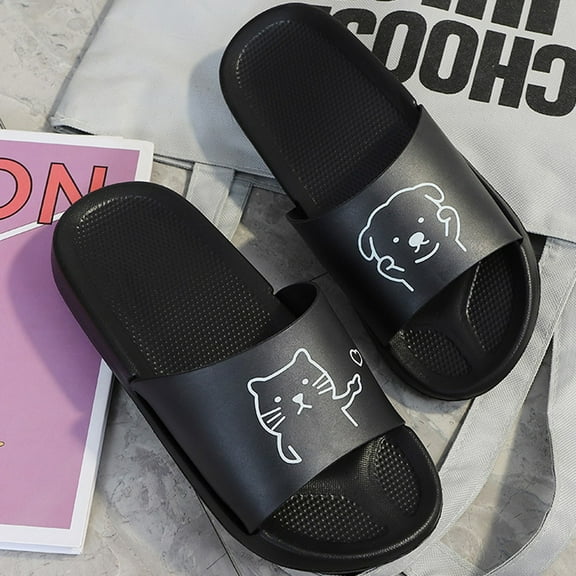 JeashCHAT Sandals for Women, Slide Sandals Unisex Fashion Color Cute Pattern Set Toe Flip Flops Home Slippers (Black)