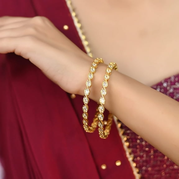 Ratnavali Jewels Indian Bangle Set CZ Cubic Zirconia Bangle Brass Metal Bangles Bracelet Jewelry for Women White Gold Tone