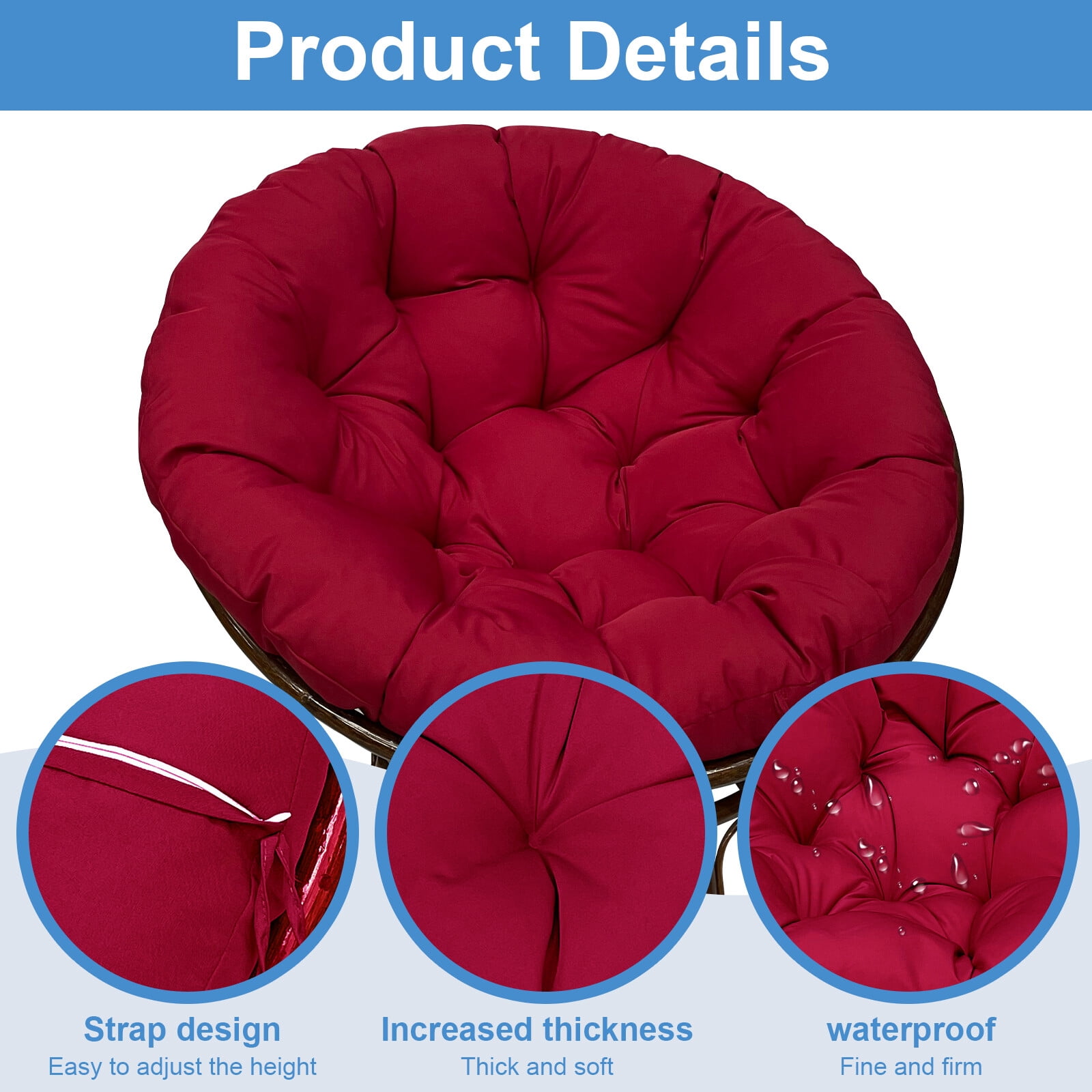 JIAN YA NA Indoor Outdoor Papasan Cushion, 51-inch Hanging Egg Chair Cushion Replacement (Without Chair), Burgundy