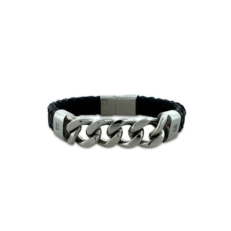 Men's CZ Leather and Stainless Steel Link Chain and Braided Bracelet, 8