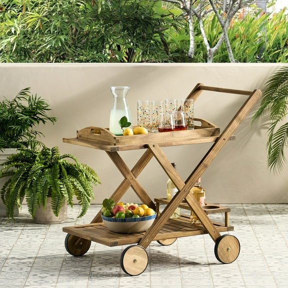 Mobile Bar Cart - 35 In Deep, Wood, Natural Color, Storage 35.86 High, Natural, Extra Area