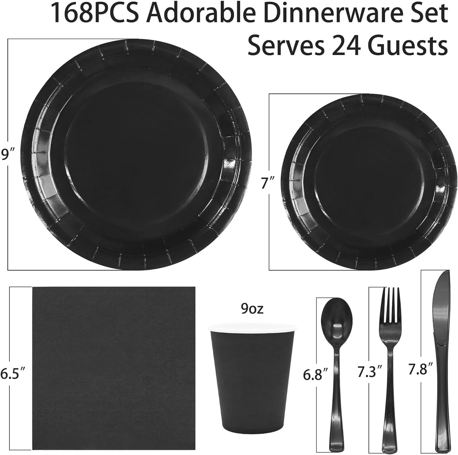 168pcs Black Paper Plates and Napkins for Halloween Birthday Anniversary Decorations, Black Plates Disposable Dinnerware Sets for Party Supplies and Party Decorations Serves 24
