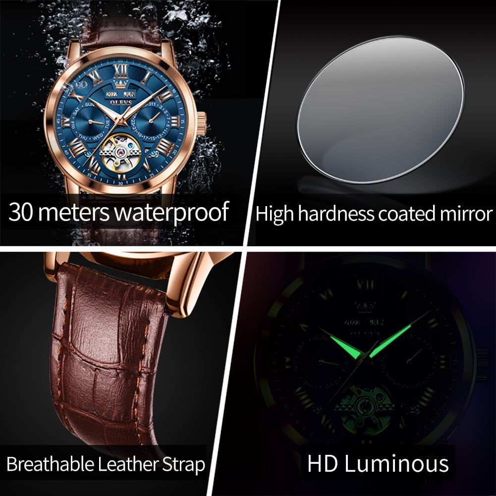 OLEVS Automatic Watches for Men Self Winding Mechanical Skeleton Flywheel Multifunction Luxury Dress Roma Rumerals Calendar Waterproof Luminous Men Wrist Watches Leather