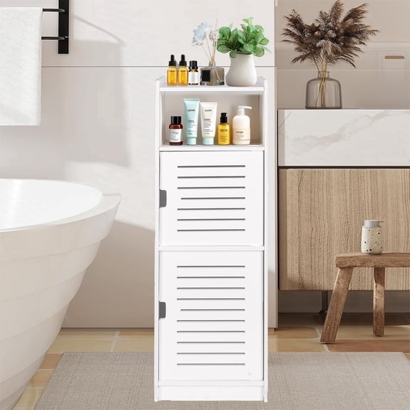 PinkSheep Bathroom Storage Cabinet, Free Standing Toilet Paper Holder Shelving Unit Organizer Stand with 2 Doors 4 Shelves for Small Spaces, White