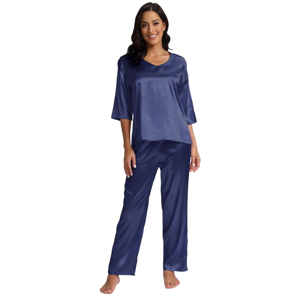 Womens Silk Satin Pajamas Loungewear Two-piece 3/4 Sleeve Long Pants ...