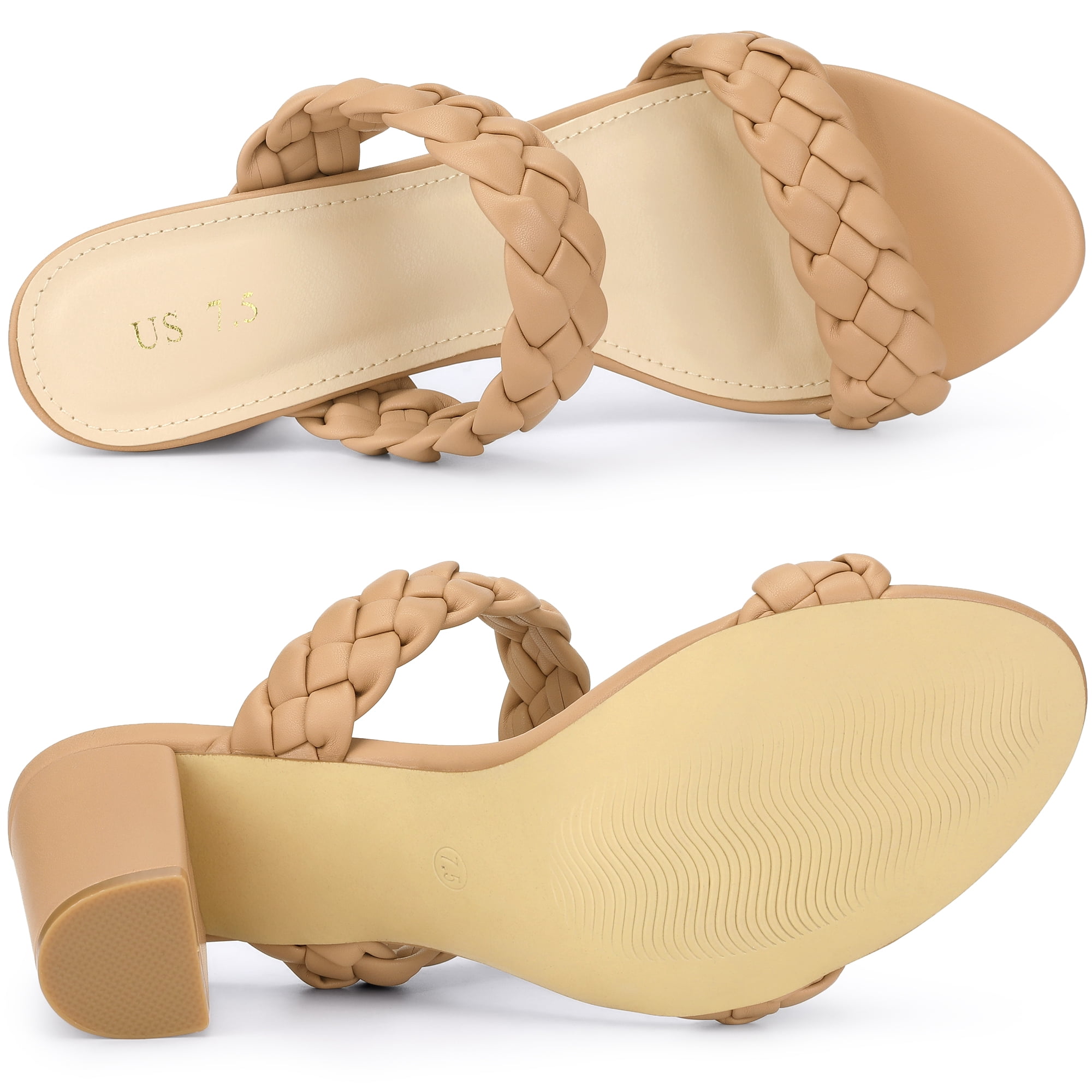 DARING DIVA Women's Braided Heeleds Slip on Chunky Heel Slides Sandals Nude 8.5