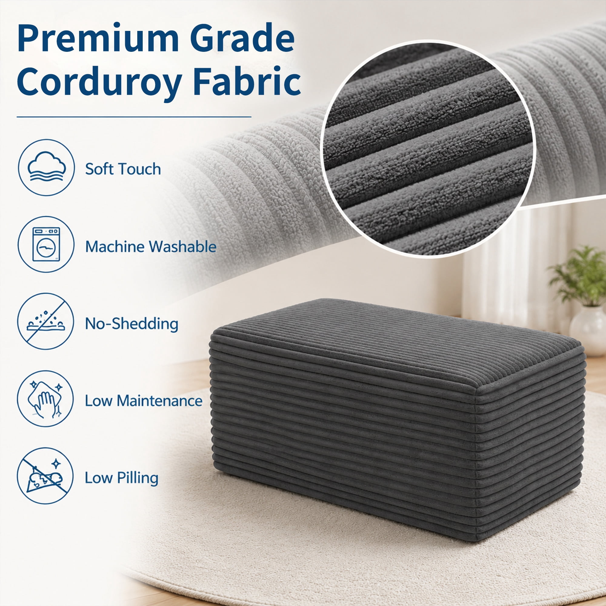 IDEALSOUL Corduroy Ottoman, Rectangle Ottoman Foot Rest for Couch, Oversized Modular Sectional Sofa Stool, Extra Seating & Coffee Table for Sofa, Cloud Foot Rest Foam Support, No Assembly Required