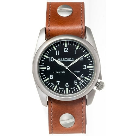 Bertucci A-4T Vintage 44 Aero Mens Titanium Watch - Vintage Tan Leather Strap - Black Aero Dial - 13401