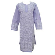 Mogul Womens Tunic Kurti Purple Lucknowi Chikan Embroidered Cotton Yoga Dress