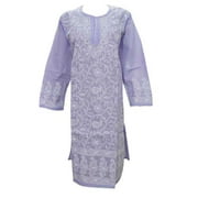 Mogul Womens Tunic Kurti Purple Lucknowi Chikan Embroidered Cotton Yoga Dress