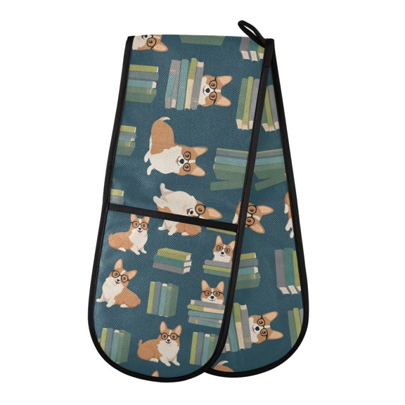 Yayeee Double Oven Mitt Kitchen Heat Resistant Baking 35" x7" Quilted Cotton Glove, Blue Cartoon Dog Pattern