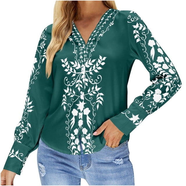 Mujeres Casual Moda Jersey Manga larga Cuello en V Blusas con botones Camiseta estampada Pompotops FGAJ14344