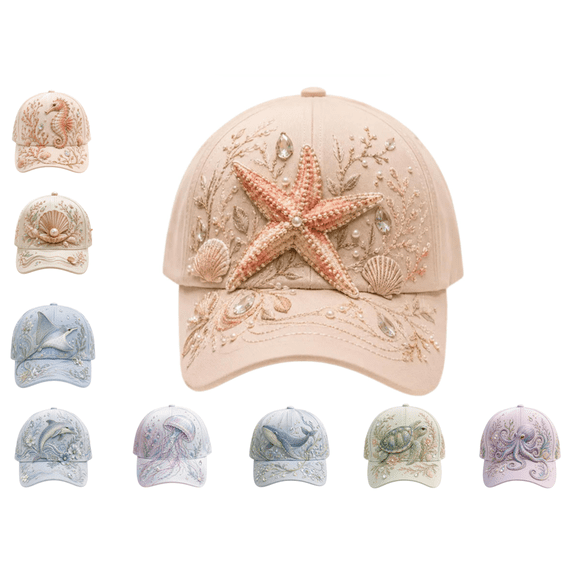 3D Ocean Creatures Embroidery Cap, Unisex Adjustable Back Strap Sea Creature Embroidered Baseball Cap, Stylish Coastal Vacation Daily Wear Hat (Starfish)