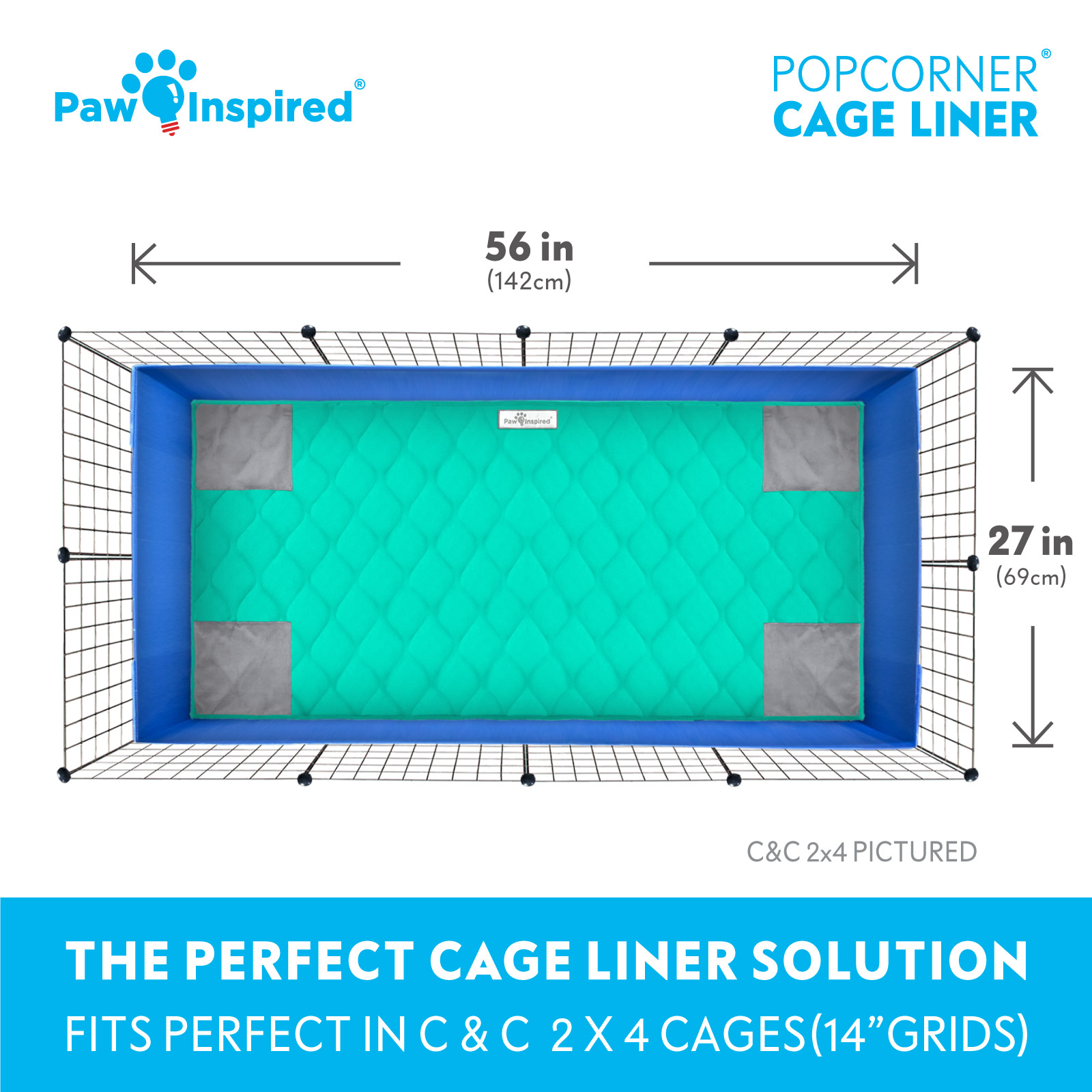 Paw Inspired PopCorner Guinea Pig Fleece Cage Liners for Midwest and C&C | Fleece Bedding for Guinea Pigs, Ferrets, Rabbits, Hamsters, Small Animals | Reinforced Corners Pee Pads (C&C 2x4, Green)