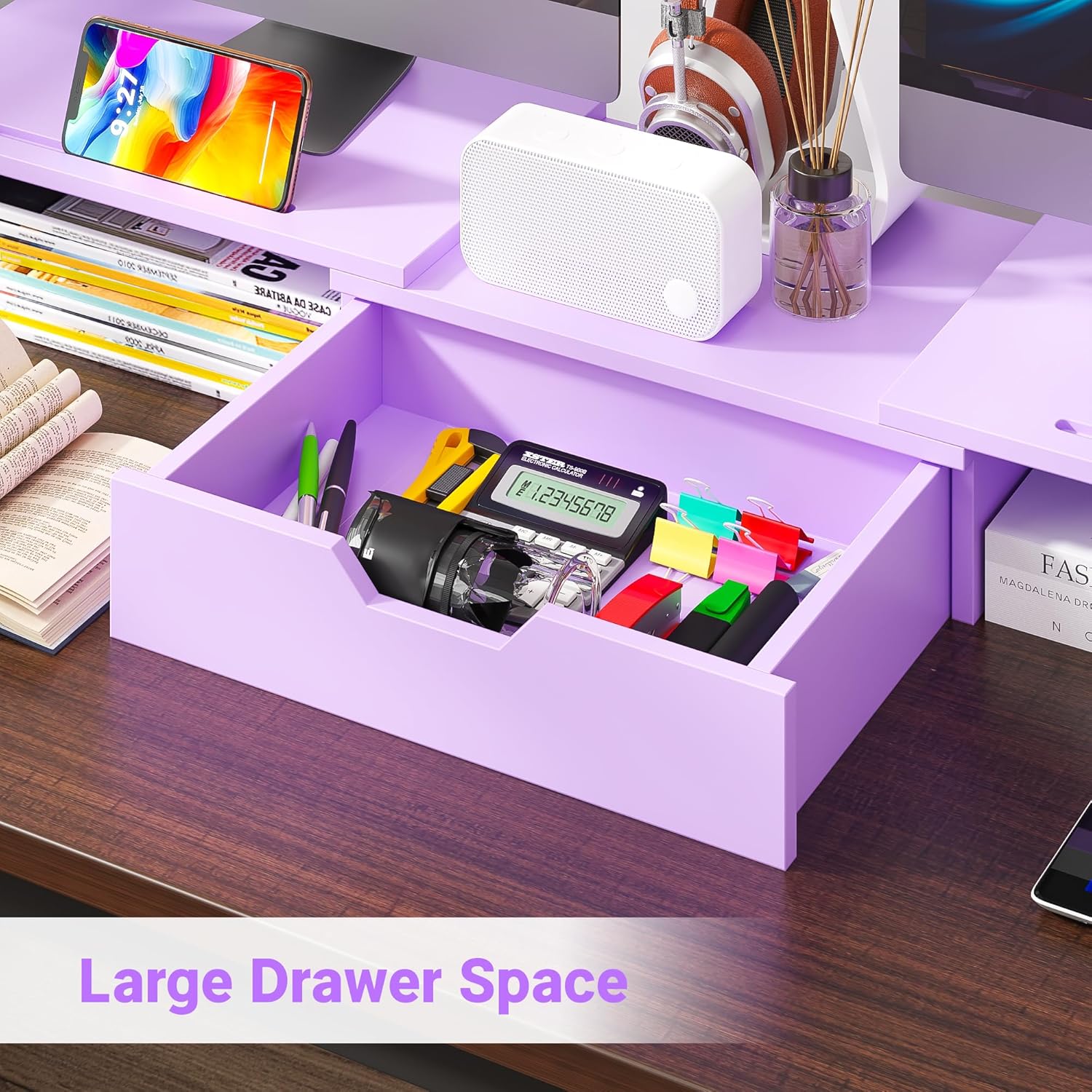 Dual Monitor Stand with USB Ports and Drawer, Adjustable Wood Computer Riser for PC Laptop Desk Organizer in  Pink