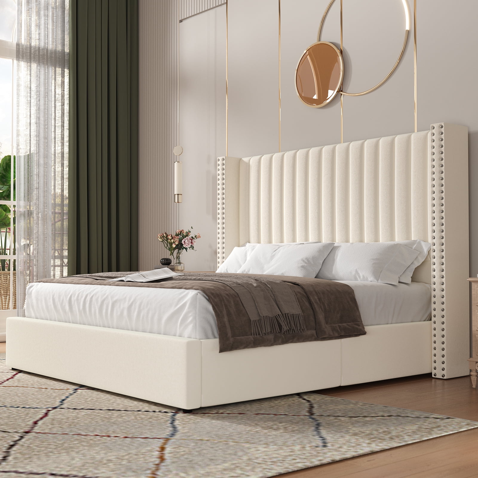 Merluxy Queen Bed Frame Lift Up Storage Bed, Velvet Queen Upholstered Bed Frame Channel Tufted Wingback Headborad/No Box Spring Needed/Cream