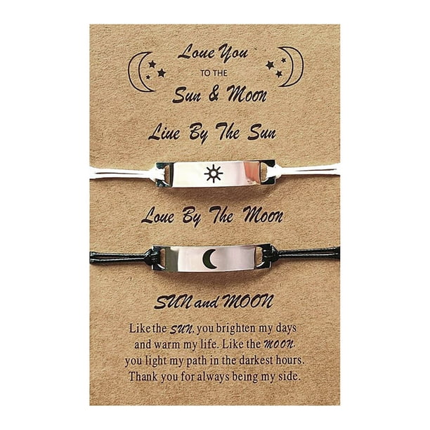 2Pcs Set Corazón Sol Luna Pulseras con Encanto para Mujeres Hombres Hecho a Mano Cuerda Trenzada Pulseras Ajustable Pareja Amistad Joyería Regalo
