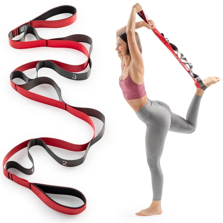 Sunny Health & Fitness Premium Yoga Stretch Strap with 8 Individual Grip Loops - 75" x 1.5" Durable Polyester Stretching Strap for Flexibility, Physical Therapy, Pilates, and Full Body Workouts