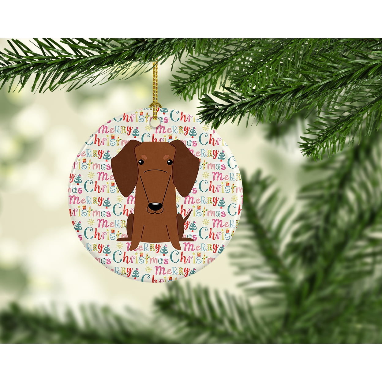 Merry Christmas Dachshund Red Brown Ceramic Ornament 2.8 in x 2.8 in