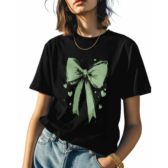 Women's T-Shirts, Sage Green Bow Heart Cotton Crewneck Tee Short Sleeve Casual Tops Loose Graphic T-Shirt Black, M
