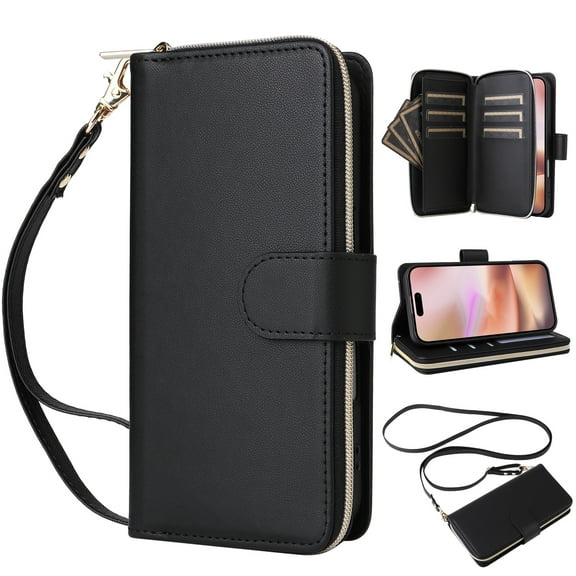 Dteck Crossbody Wallet Case for iPhone 17 Pro Max, Soft PU Leather with 9-Card Slots Holder Kickstand, Handbag Zipper Flip Cover with Wrist Strap for Men Women,Black