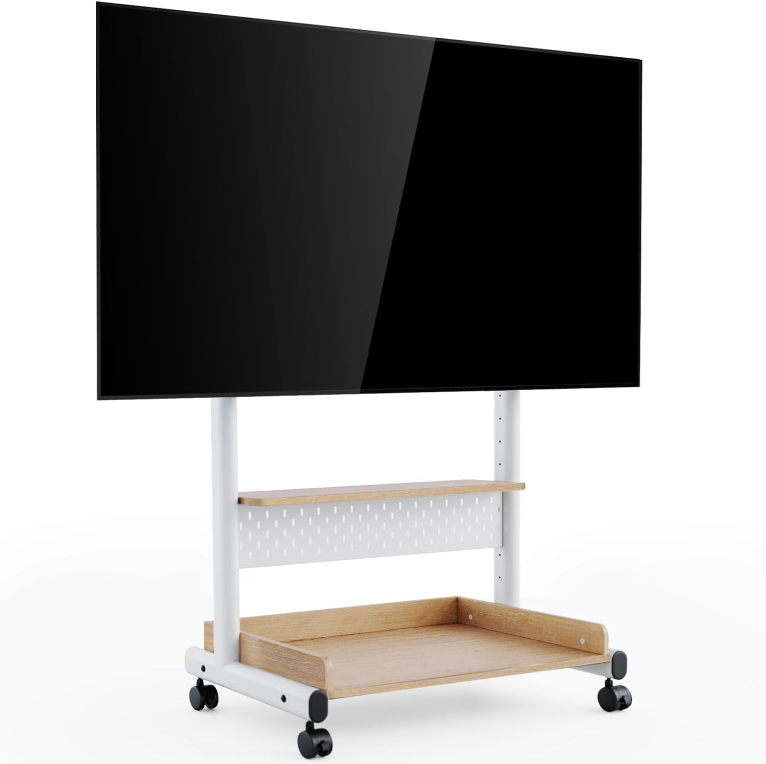 FITUEYES Rolling TV Stand for 40–85 Inch TVs, White, Wood Shelf & Pegboard