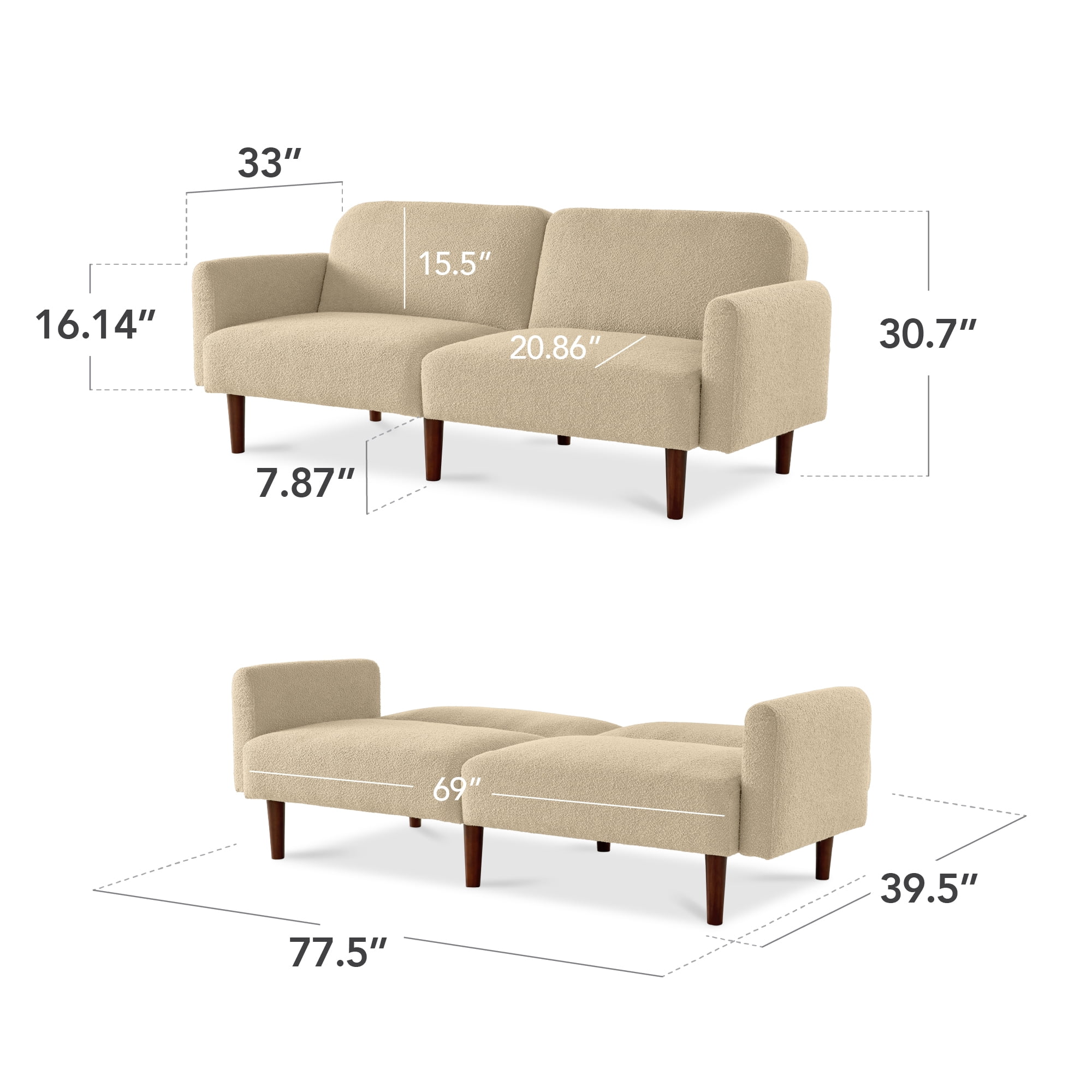 Best Choice Products Curved Convertible Futon, Boucle Fabric Split-Back Sleeper Bed - Oatmeal