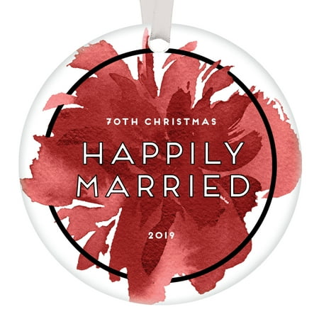 70th Christmas Happily Married Ornament 2019 Marriage 70 Years Platinum Wedding Anniversary Keepsake Gifts Celebrate Happy Couple Parents Grandparents Pretty Red Abstract Floral 3