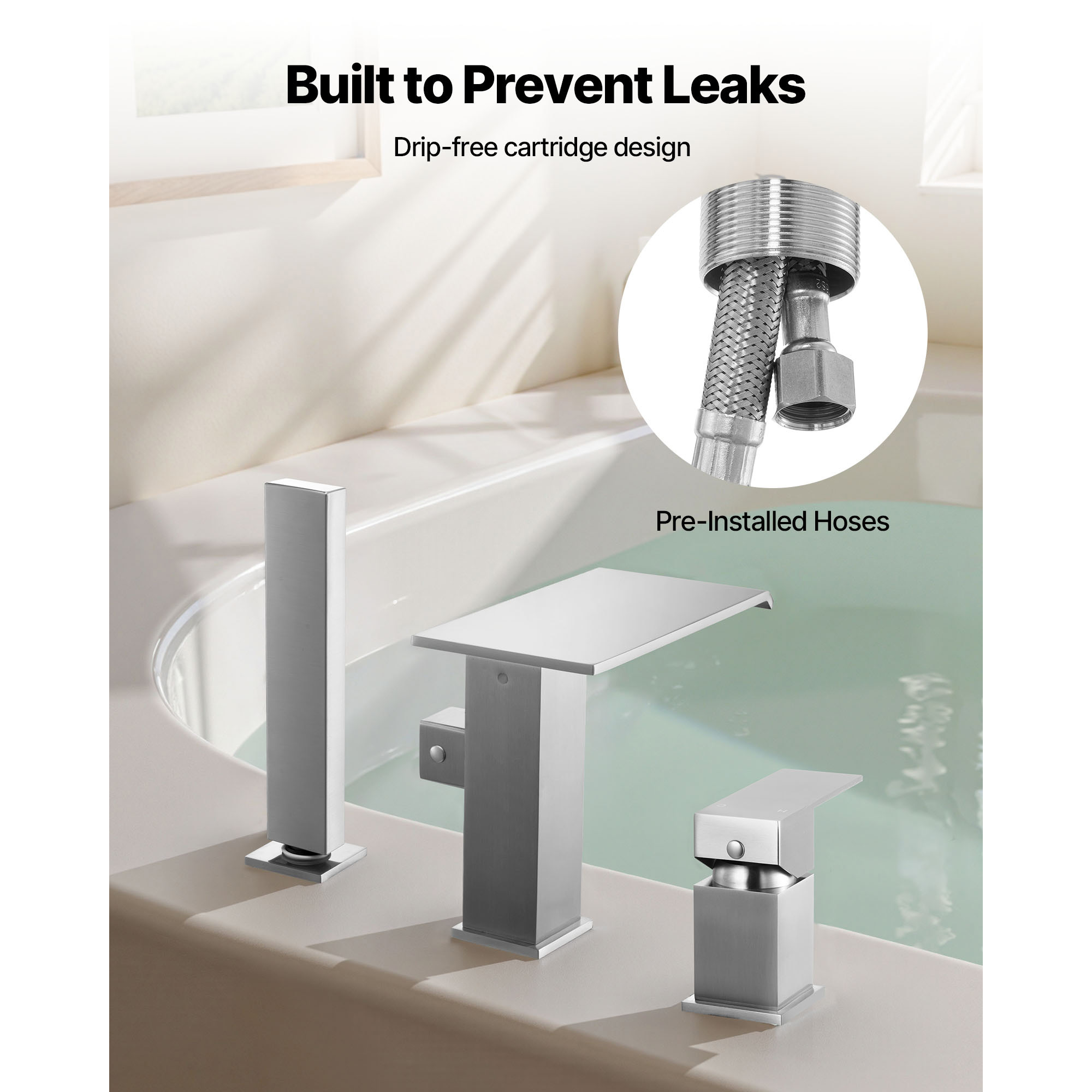 KFFKFF Roman Tub Faucet Set, 3-Hole Waterfall Bathtub Fixture with Shower Head & Single Handle, Deck-Mounted Bath Faucet for Comfortable Bathing, Brushed Stainless Steel, Leak-Resistant