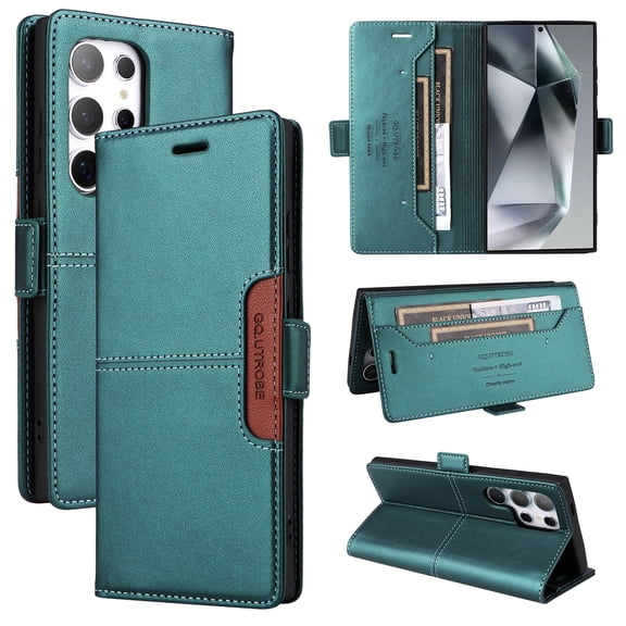 For Samsung Galaxy S22 Ultra Flip Wallet Case,[RFID Blocking]PU Leather Magnetic Folio Cover,With Card Slots,Flip Folding Kickstand,Shockproof TPU Anti-fall Rugged Phone Case Cover,Green