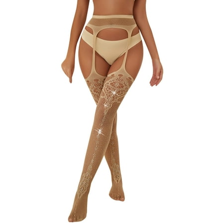 

Paille Ladies Suspender Pantyhose Sheer Stocking Fishnet Stockings Sexy Thigh-High Lingerie Sleep Tights Beige