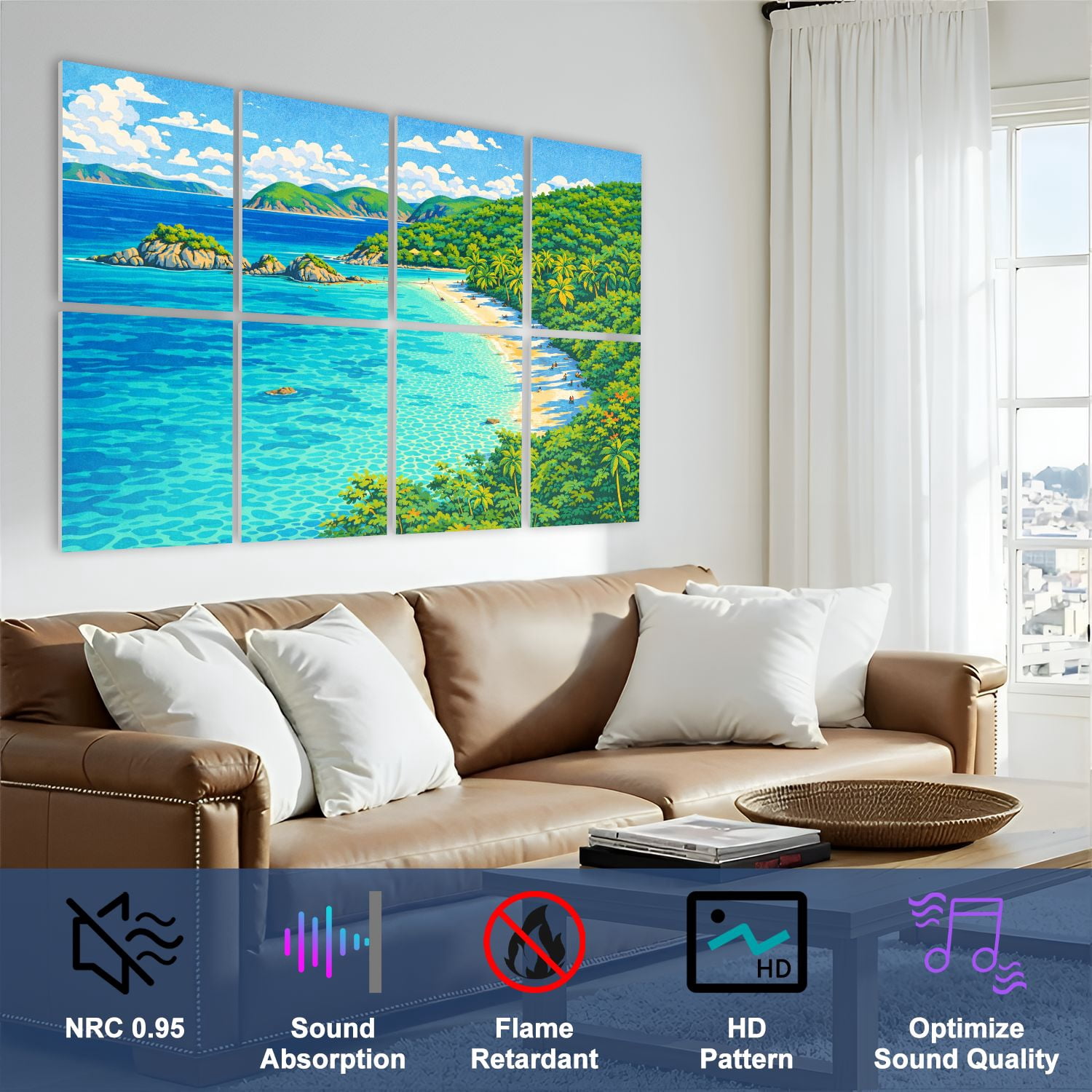 8 Pack Art Acoustic Panels Sound Absorbing panoramic beach Trunk Bay Decorative Soundproof Wall Panels Self Adhesive for Nursery Game Room Bedroom 48"x32"