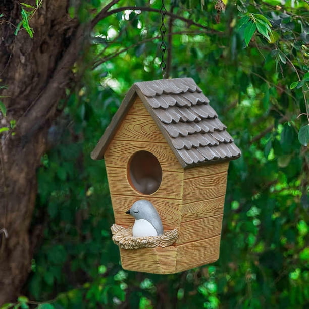 Escultura colgante, casa decorativa para pájaros, novedad, casa de pájaros rústica, estatuilla de resina, estatua de jardín para jardín, inauguración con Pájaro 12x19cm