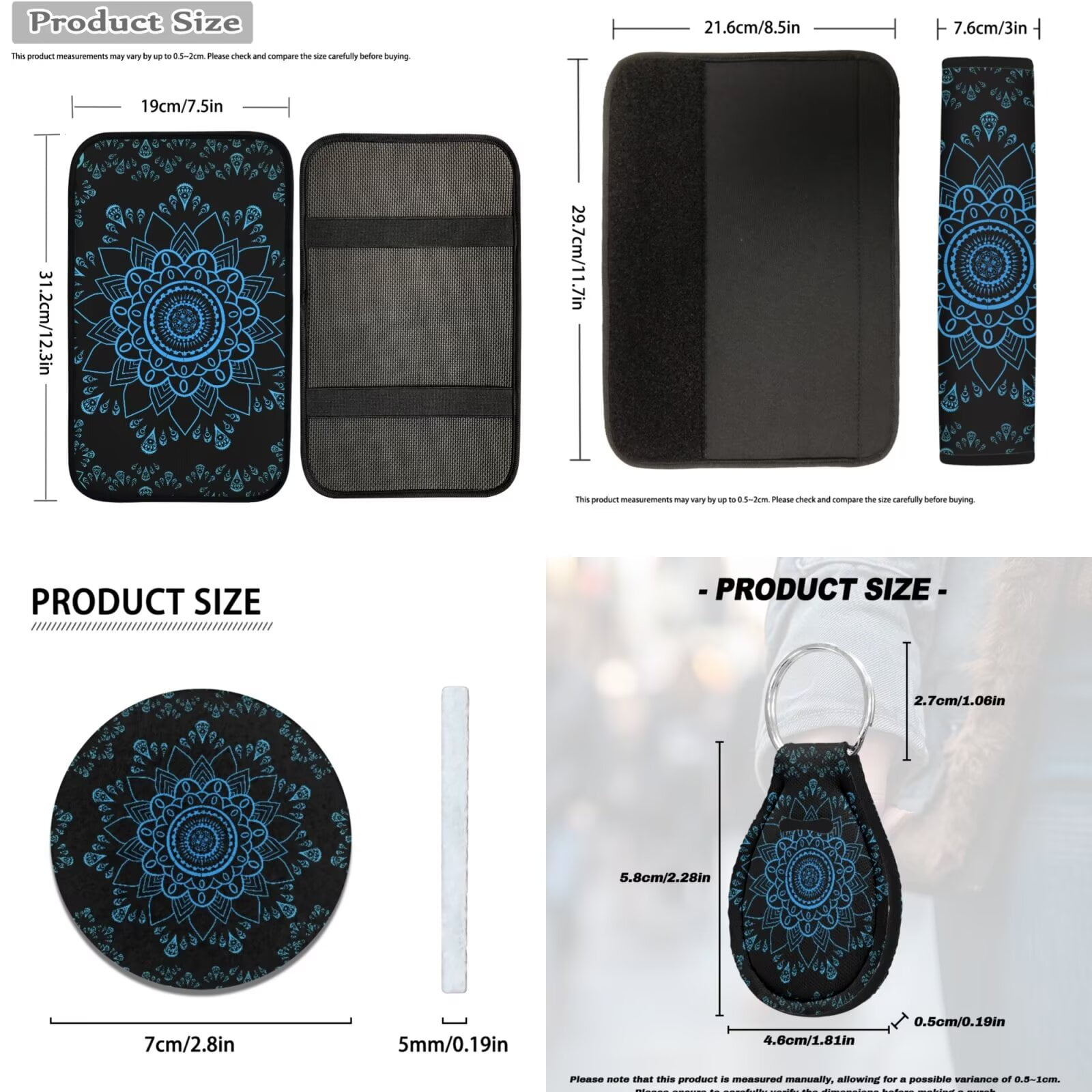 HUIACONG Blue Lotus Mandala Car Seat Covers for Women Full Set 14 Pcs Boho Car Accessories Interior Including Steering Wheel Cover Seat Belt Covers Armrest Cover Headrest Covers Coasters Keychain