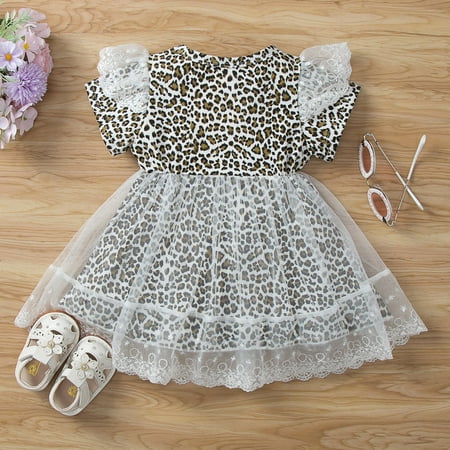 

nsendm Toddler Kids Girls Summer Tulle Ruched Patchwork Leopard Print Princess Dress Casual Clothes Flower Dress Girl Wedding Dress Grey 12 Months