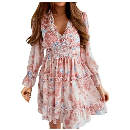 

Women s Summer Long Sleeve Casual Dresses V-Neck Floral Bohemian Party Dress