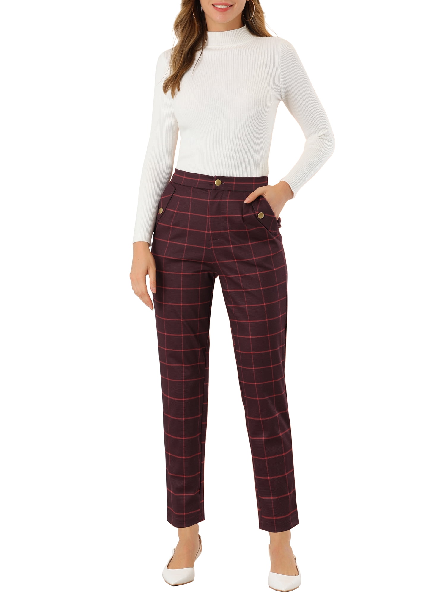 DARING DIVA Women's Tartan Plaid Pants Elastic Waist Straight Trousers XL Burgundy