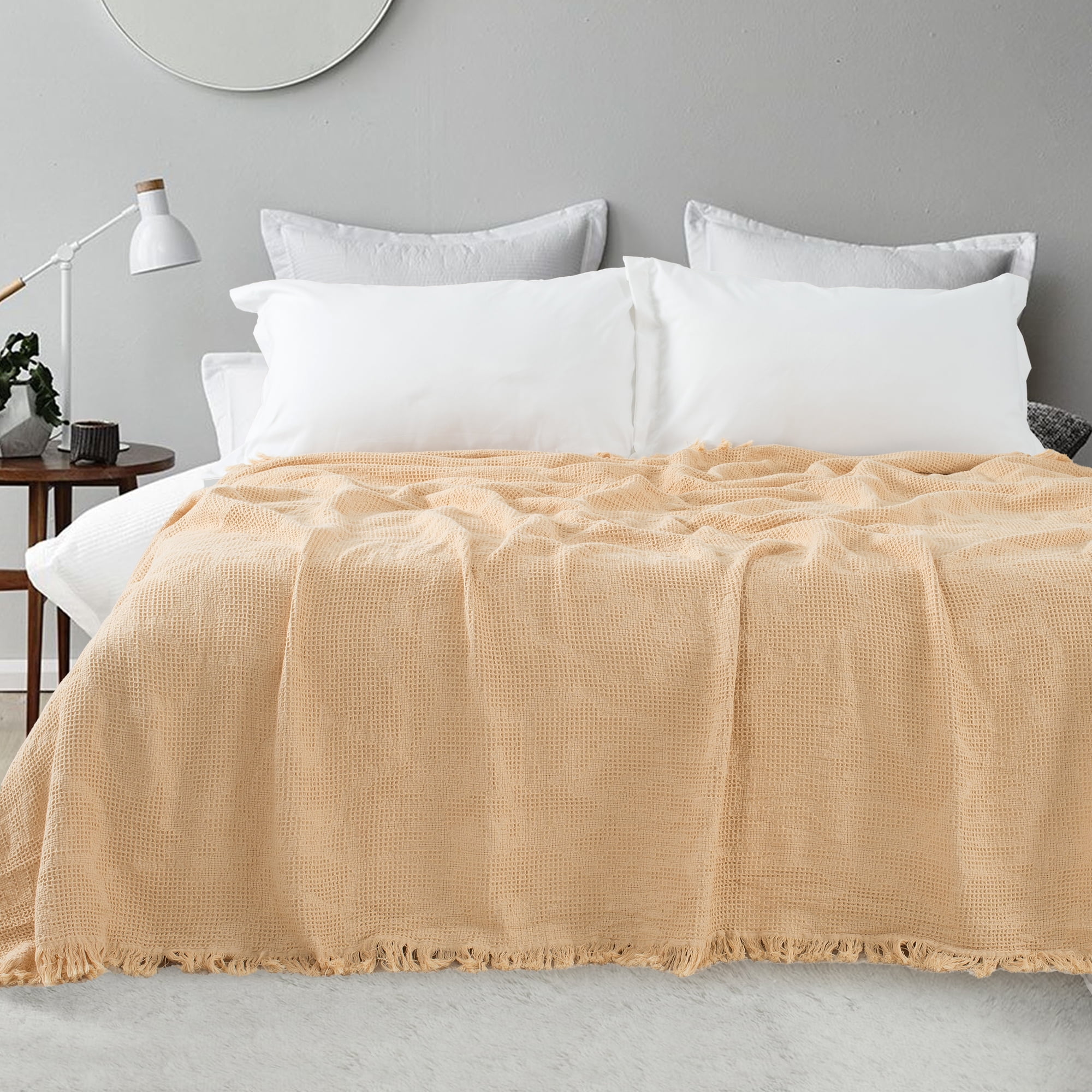 VERAMUSE 100% Cotton Blanket for Bed Beige 90"x90" Queen Size Breathable Thin Blankets for Summer