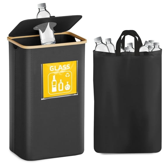 Waxgamo Recycling Bin for Kitchen Indoor Home, Large 26 Gallon 100L Recycle Bin with Lid, Removeable Reusable Inner Bag for Bottle Can Glass Waste Plastice Stickers, Black